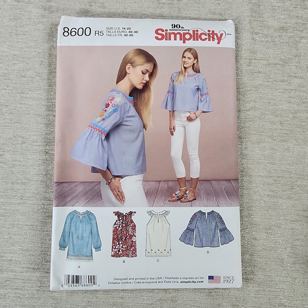 Simplicity sewing pattern #8600 Pullover TOP BLOUSE Sleeve Variations sizes 6~14